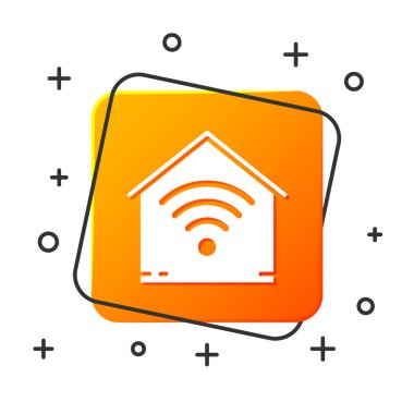Beyaz arka planda izole wi-fi simgesi ile Beyaz Akıllı ev. Uzaktan kumanda. Turuncu kare düğme. Vektör İllüstrasyonu