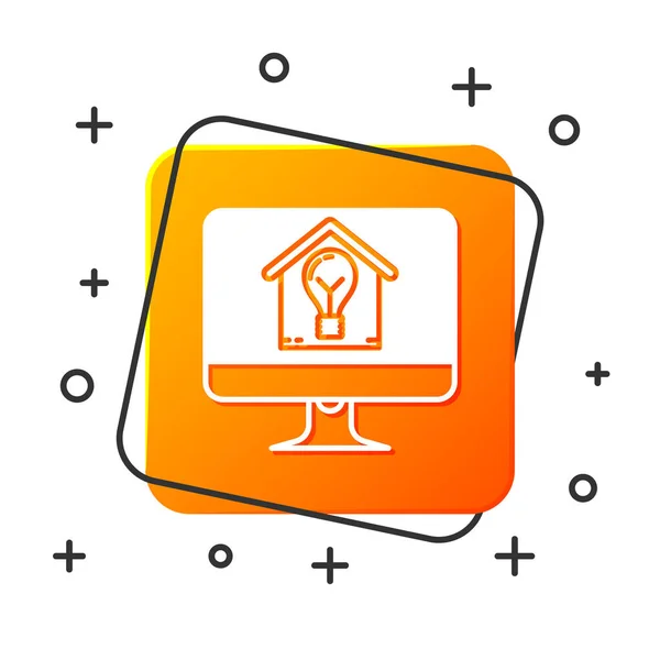 Monitor de ordenador blanco con casa inteligente e icono de bombilla aislada sobre fondo blanco. Botón cuadrado naranja. Ilustración vectorial — Archivo Imágenes Vectoriales