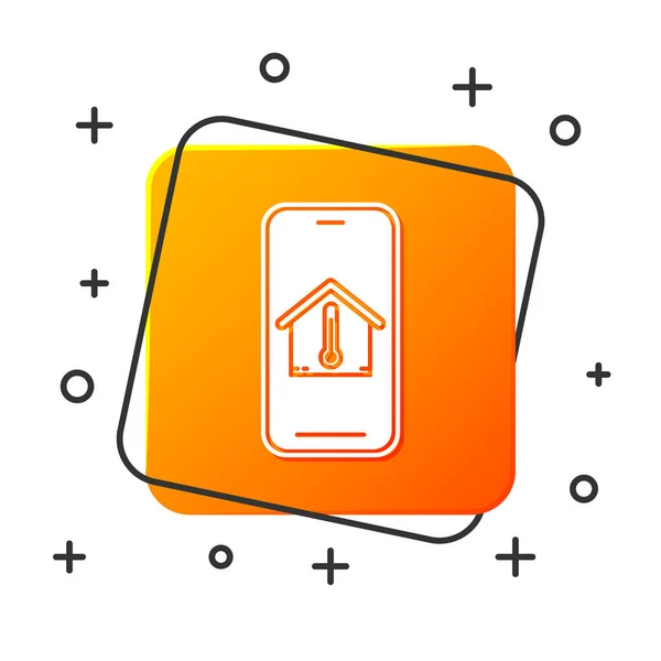 Teléfono móvil blanco con icono de temperatura de la casa aislado sobre fondo blanco. Icono del termómetro. Botón cuadrado naranja. Ilustración vectorial — Archivo Imágenes Vectoriales