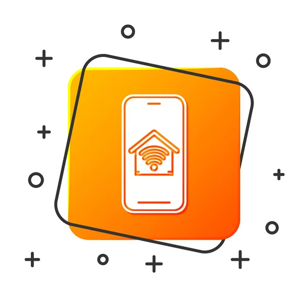 Teléfono móvil blanco con casa inteligente con icono wi-fi aislado sobre fondo blanco. Control remoto. Botón cuadrado naranja. Ilustración vectorial — Archivo Imágenes Vectoriales