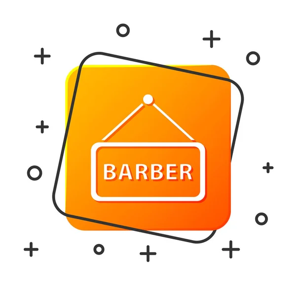 Icono de barbería blanca aislado sobre fondo blanco. Logo de peluquería o letrero. Botón cuadrado naranja. Ilustración vectorial — Vector de stock