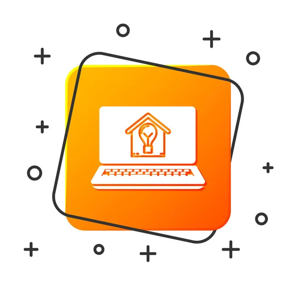 Ordenador portátil blanco con casa inteligente y bombilla icono aislado sobre fondo blanco. Botón cuadrado naranja. Ilustración vectorial — Archivo Imágenes Vectoriales