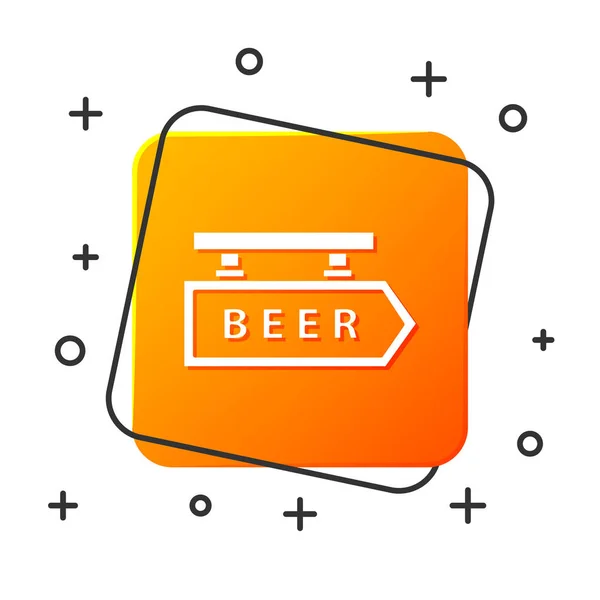 Πινακίδα λευκού δρόμου με επιγραφή σύμβολο μπύρας απομονώνεται σε λευκό φόντο. Κατάλληλο για διαφημίσεις μπαρ, καφέ, παμπ, εστιατόριο. Πορτοκαλί κουμπί τετράγωνο. Απεικόνιση διανυσματικών φορέων — Διανυσματικό Αρχείο