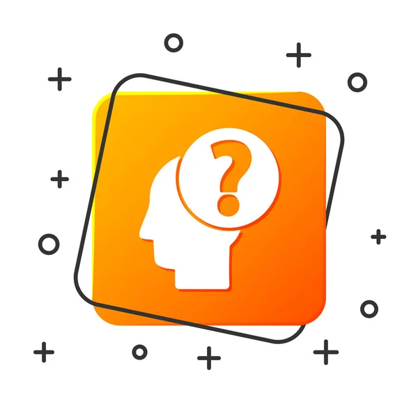 Testa umana bianca con icona a punto interrogativo isolata su sfondo bianco. Pulsante quadrato arancione. Illustrazione vettoriale — Vettoriale Stock