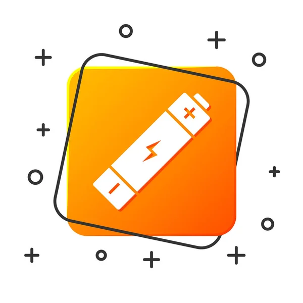 White Battery icon isolated on white background. Lightning bolt symbol. Orange square button. Vector Illustration — Stock Vector