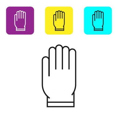 Siyah çizgi Bahçe eldiven simgesi beyaz arka plan üzerinde izole. Kauçuk eldiven işareti. Tarım el koruma, eldiven güvenliği. Simgeleri renkli kare düğmeleri ayarlayın. Vektör İllüstrasyonu