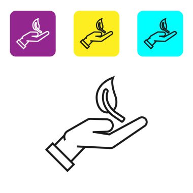 Beyaz arka plan üzerinde izole çevre koruma simgesi elinde Siyah çizgi Filiz. Tohum ve fide. Fidan dikimi. Ekoloji kavramı. Simgeleri renkli kare düğmeleri ayarlayın. Vektör İllüstrasyonu