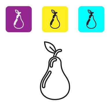 Siyah çizgi Armut simgesi beyaz arka plan üzerinde izole. Yaprak sembolü olan meyve. Simgeleri renkli kare düğmeleri ayarlayın. Vektör İllüstrasyonu