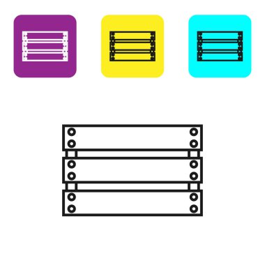 Siyah çizgi Ahşap kutu simgesi beyaz arka plan üzerinde izole. Market sepeti, depo kasası. Sebze, ürün için boş ahşap konteyner. Simgeleri renkli kare düğmeleri ayarlayın. Vektör İllüstrasyonu