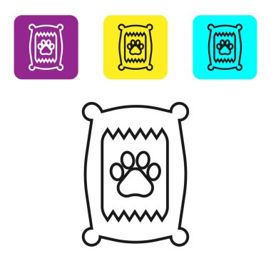 Beyaz arka plan üzerinde izole köpek simgesi için gıda Siyah çizgi Çanta. Köpek ya da kedi pençesi izi. Hayvanlar için yiyecek. Evcil hayvan yiyecek paketi. Simgeleri renkli kare düğmeleri ayarlayın. Vektör İllüstrasyonu
