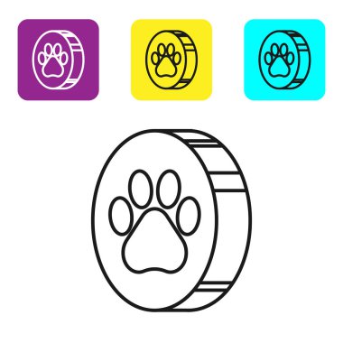 Siyah çizgi Paw baskı simgesi beyaz arka planda yalıtılmış. Köpek ya da kedi pençesi izi. Hayvan izi. Simgeleri renkli kare düğmeleri ayarlayın. Vektör İllüstrasyonu