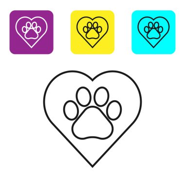 Beyaz arka plan üzerinde izole hayvanlar ayak izi simgesi ile Siyah çizgi Kalp. Kalbinde evcil hayvan pençesi. Hayvanlara sevgiler. Simgeleri renkli kare düğmeleri ayarlayın. Vektör İllüstrasyonu