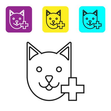 Siyah çizgi Veteriner kliniği sembol simgesi beyaz arka plan üzerinde izole. Kedi veteriner bakımı ile çapraz. Pet İlk Yardım işareti. Simgeleri renkli kare düğmeleri ayarlayın. Vektör İllüstrasyonu