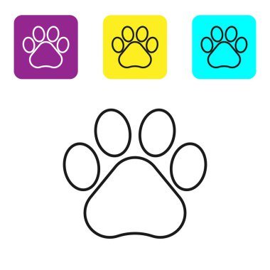 Siyah çizgi Paw baskı simgesi beyaz arka planda yalıtılmış. Köpek ya da kedi pençesi izi. Hayvan izi. Simgeleri renkli kare düğmeleri ayarlayın. Vektör İllüstrasyonu