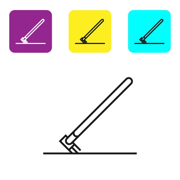 Schwarze Linie Gartenharke in Arbeitssymbol isoliert auf weißem Hintergrund. Werkzeug für Gartenbau, Landwirtschaft, Landwirtschaft. Bodenbearbeitung. setzen Symbole bunte quadratische Tasten. Vektorillustration — Stockvektor