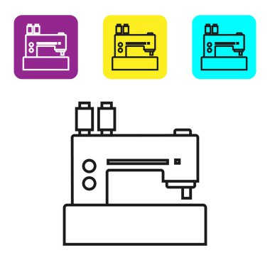 Siyah çizgi Dikiş makinesi simgesi beyaz arka plan üzerinde izole. Simgeleri renkli kare düğmeleri ayarlayın. Vektör İllüstrasyonu