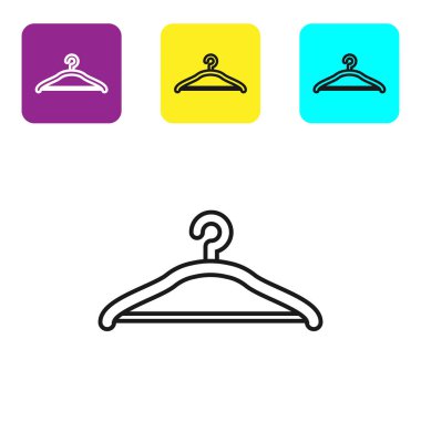 Siyah çizgi Askı gardırop simgesi beyaz arka plan üzerinde izole. Vestiyer simgesi. Giysi servisi sembolü. Çamaşır askısı işareti. Simgeleri renkli kare düğmeleri ayarlayın. Vektör İllüstrasyonu