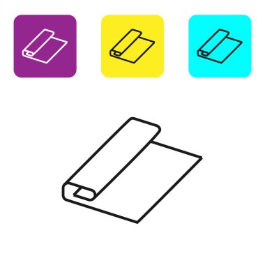 Siyah çizgi Tekstil kumaş rulo simgesi beyaz arka plan üzerinde izole. Rulo, paspas, halı, kumaş, halı veya kağıt rulo simgesi. Simgeleri renkli kare düğmeleri ayarlayın. Vektör İllüstrasyonu