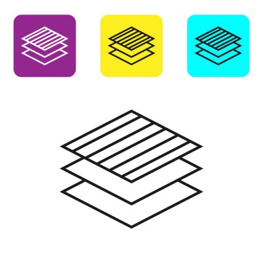 Siyah çizgi Tekstil kumaş rulo simgesi beyaz arka plan üzerinde izole. Rulo, paspas, halı, kumaş, halı veya kağıt rulo simgesi. Simgeleri renkli kare düğmeleri ayarlayın. Vektör İllüstrasyonu