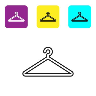 Siyah çizgi Askı gardırop simgesi beyaz arka plan üzerinde izole. Vestiyer simgesi. Giysi servisi sembolü. Çamaşır askısı işareti. Simgeleri renkli kare düğmeleri ayarlayın. Vektör İllüstrasyonu