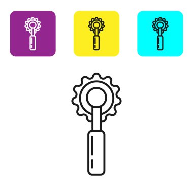 Beyaz arka planda yalıtılmış siyah çizgi Kesici araç simgesi. Bıçakla dikiş bıçağı. Simgeleri renkli kare düğmeleri ayarlayın. Vektör İllüstrasyonu