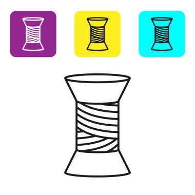 Beyaz arka planda yalıtılmış makara simgesi üzerinde siyah çizgi Dikiş iplik. İplik makara. İplik bobini. Simgeleri renkli kare düğmeleri ayarlayın. Vektör İllüstrasyonu