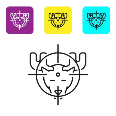 Beyaz arka plan üzerinde izole artı işareti simgesi ile geyik üzerinde Siyah çizgi Hunt. Geyik ve hedef ile Avcılık kulübü logosu. Tüfek merceği bir geyiği hedef almış. Simgeleri renkli kare düğmeleri ayarlayın. Vektör İllüstrasyonu