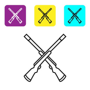 Siyah çizgi İki beyaz arka plan üzerinde izole av tüfeği simgesi geçti. Av silahı. Simgeleri renkli kare düğmeleri ayarlayın. Vektör İllüstrasyonu