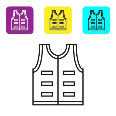 Siyah çizgi Avcılık ceket simgesi beyaz arka plan üzerinde izole. Av yeleği. Simgeleri renkli kare düğmeleri ayarlayın. Vektör İllüstrasyonu