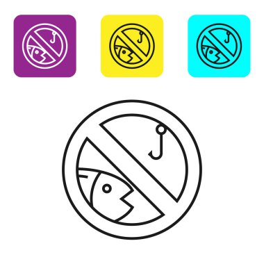 Siyah çizgi Beyaz arka planda izole edilmiş balıkçılık simgesi yok. Yasaklama işareti. Simgeleri renkli kare düğmeleri ayarlayın. Vektör İllüstrasyonu