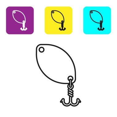 Siyah çizgi Balıkçılık kaşık simgesi beyaz arka plan üzerinde izole. Balık şeklinde balık yemleri. Olta takımı. Simgeleri renkli kare düğmeleri ayarlayın. Vektör İllüstrasyonu