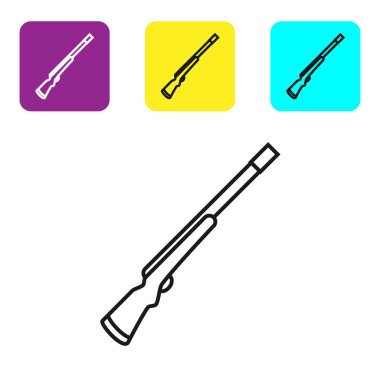 Siyah çizgi Avcılık silah simgesi beyaz arka plan üzerinde izole. Av tüfeği. Simgeleri renkli kare düğmeleri ayarlayın. Vektör İllüstrasyonu