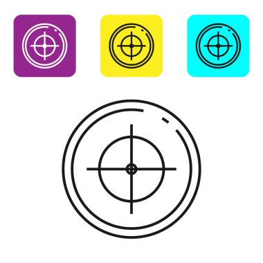 Siyah çizgi Hedef spor çekim rekabet simgesi beyaz arka plan üzerinde izole. Atış mesafesi veya atış için numaralarla hedefi temizleyin. Simgeleri renkli kare düğmeleri ayarlayın. Vektör İllüstrasyonu