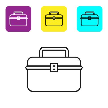 Siyah çizgi Case veya beyaz arka plan üzerinde izole wobbler ve dişli balıkçılık ekipmanları simgesi için kutu konteyner. Olta takımı. Simgeleri renkli kare düğmeleri ayarlayın. Vektör İllüstrasyonu