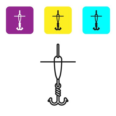 Siyah çizgi Olta kancası ve beyaz arka planda izole float simgesi. Olta takımı. Simgeleri renkli kare düğmeleri ayarlayın. Vektör İllüstrasyonu