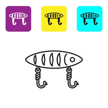 Siyah çizgi Balıkçılık yem simgesi beyaz arka plan üzerinde izole. Olta takımı. Simgeleri renkli kare düğmeleri ayarlayın. Vektör İllüstrasyonu