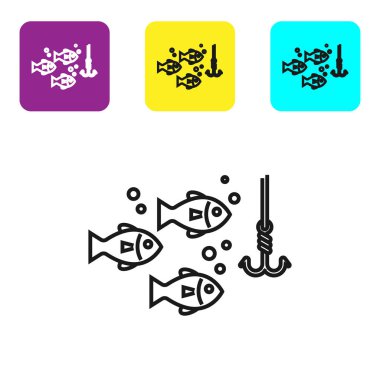 Beyaz arka plan üzerinde izole balık simgesi ile su altında Siyah çizgi Olta kanca. Olta takımı. Simgeleri renkli kare düğmeleri ayarlayın. Vektör İllüstrasyonu