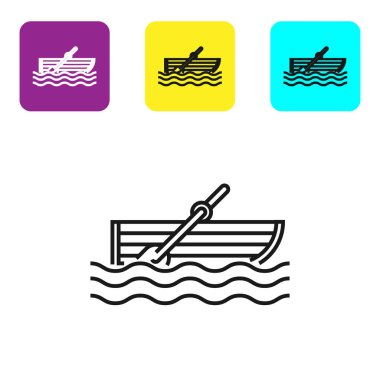 Beyaz arka plan üzerinde izole su simgesi üzerinde kürek ile Siyah çizgi Balıkçı teknesi. Simgeleri renkli kare düğmeleri ayarlayın. Vektör İllüstrasyonu