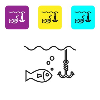 Beyaz arka plan üzerinde izole balık simgesi ile su altında Siyah çizgi Olta kanca. Olta takımı. Simgeleri renkli kare düğmeleri ayarlayın. Vektör İllüstrasyonu