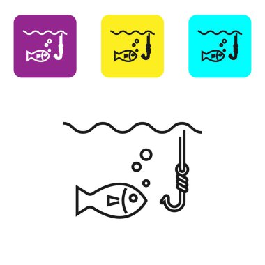 Beyaz arka plan üzerinde izole balık simgesi ile su altında Siyah çizgi Olta kanca. Olta takımı. Simgeleri renkli kare düğmeleri ayarlayın. Vektör İllüstrasyonu