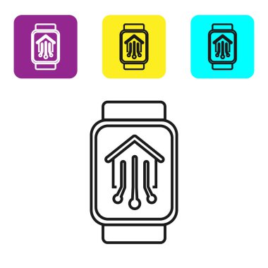 Siyah hat Akıllı ev akıllı saat simgesi beyaz arka plan üzerinde izole ile. Uzaktan kumanda. Simgeleri renkli kare düğmeleri ayarlayın. Vektör İllüstrasyonu