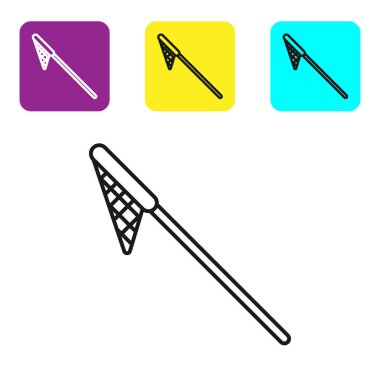 Siyah çizgi Beyaz arka planda izole net simgesi. Olta takımı. Simgeleri renkli kare düğmeleri ayarlayın. Vektör İllüstrasyonu