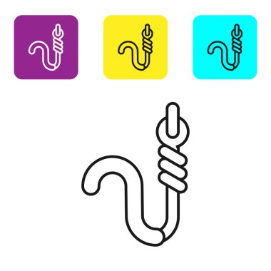 Siyah çizgi Olta kancası ve solucan simgesi beyaz arka planda izole. Olta takımı. Simgeleri renkli kare düğmeleri ayarlayın. Vektör İllüstrasyonu