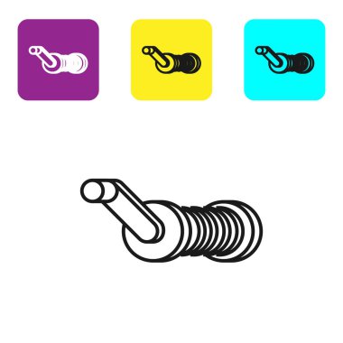 Beyaz arka planda izole balıkçılık simgesi için siyah çizgi İplik makara. Balıkçı bobini. Olta takımı. Simgeleri renkli kare düğmeleri ayarlayın. Vektör İllüstrasyonu