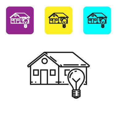Siyah çizgi Akıllı ev ve ampul simgesi beyaz arka plan üzerinde izole. Simgeleri renkli kare düğmeleri ayarlayın. Vektör İllüstrasyonu