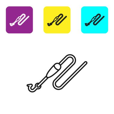 Siyah çizgi Kanca ve float simgesi beyaz arka plan üzerinde izole ile Olta hattı. Olta takımı. Simgeleri renkli kare düğmeleri ayarlayın. Vektör İllüstrasyonu