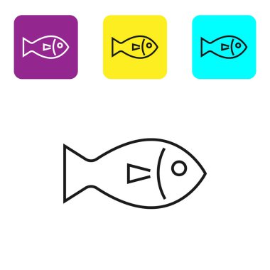 Siyah çizgi Balık simgesi beyaz arka plan üzerinde izole. Simgeleri renkli kare düğmeleri ayarlayın. Vektör İllüstrasyonu