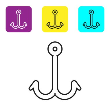 Siyah çizgi Olta kancası simgesi beyaz arka planda izole edilmiştir. Olta takımı. Simgeleri renkli kare düğmeleri ayarlayın. Vektör İllüstrasyonu