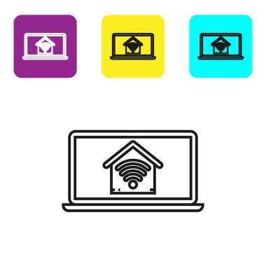 Beyaz arka plan üzerinde izole wi-fi simgesi ile akıllı ev ile Siyah hat Laptop. Uzaktan kumanda. Simgeleri renkli kare düğmeleri ayarlayın. Vektör İllüstrasyonu