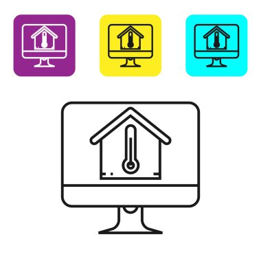 Beyaz arka planda izole edilmiş ev sıcaklığı simgesine sahip siyah çizgi Bilgisayar monitörü. Termometre simgesi. Simgeleri renkli kare düğmeleri ayarlayın. Vektör İllüstrasyonu